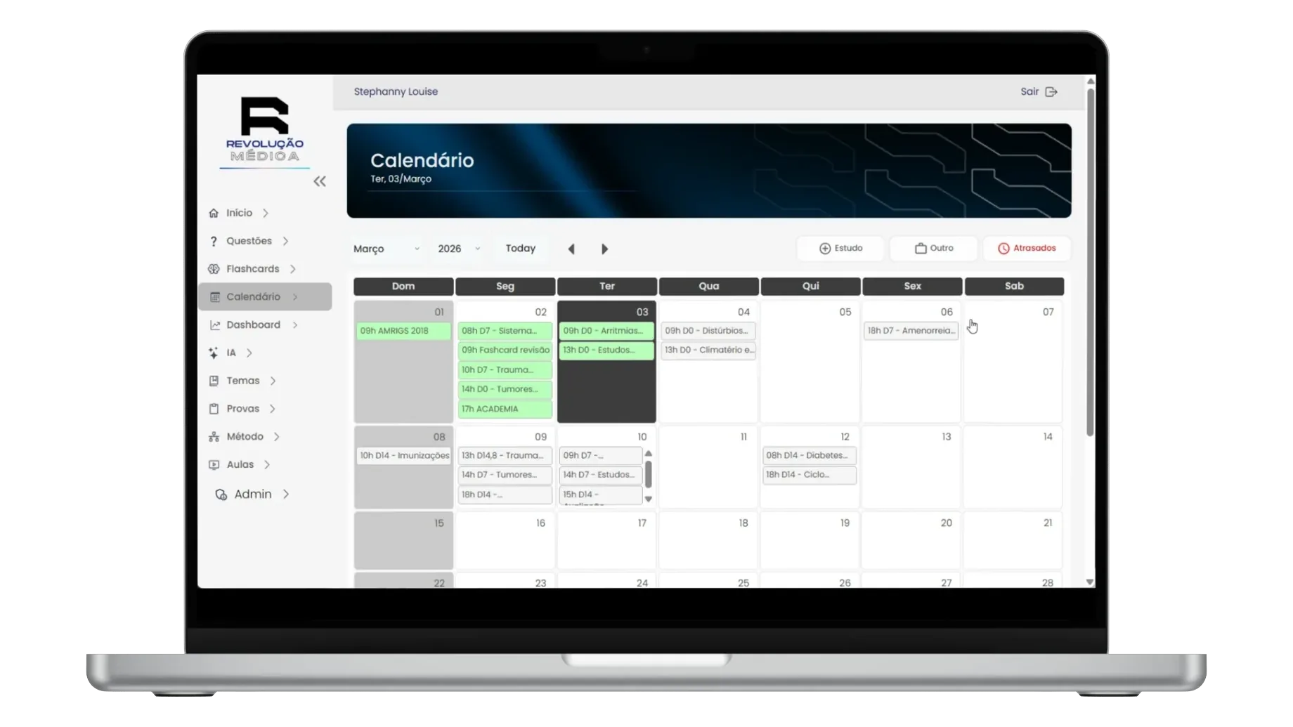 Calendário mensal de estudos da plataforma, com aulas e revisões agendadas