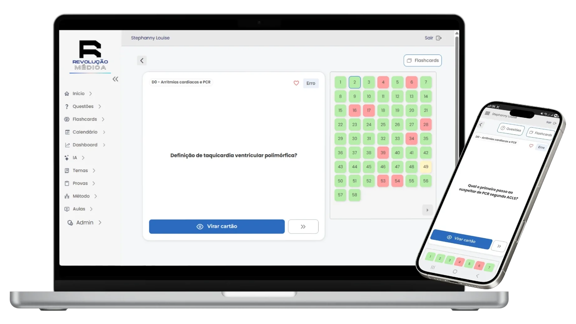 Flashcards da plataforma exibidos em notebook e celular, com grade de progresso